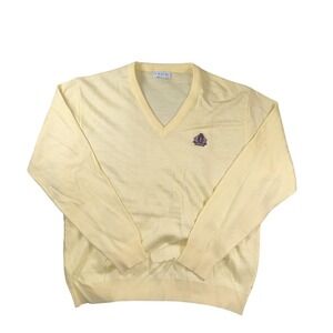 IZOD Sweater Mens XL Light Yellow V Neck Embroidered Crest Logo Pullover Preppy